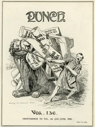 John Bull, representado como un camello, se muestra reacio a cargar con los nuevos impuestos impuestos por Lloyd George en 